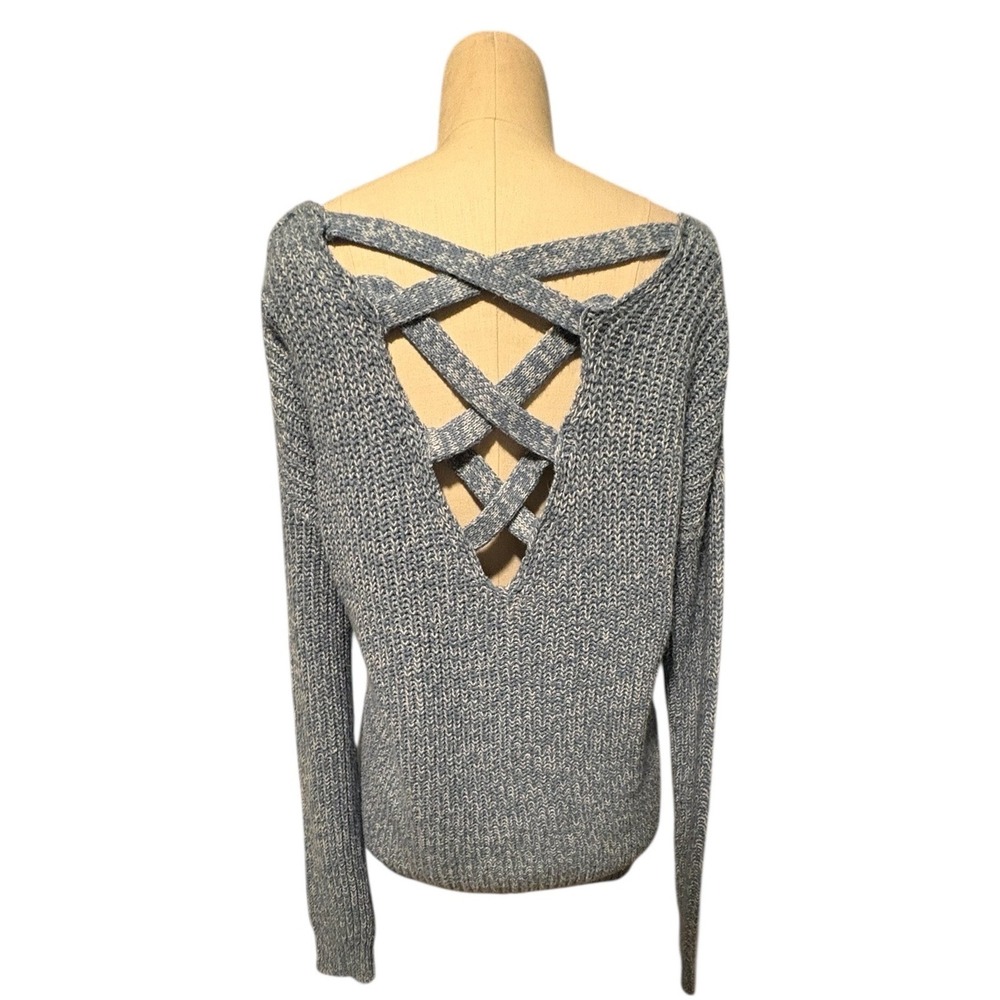 Women Sweater Blue White Marled Knit Lattice Open Back CottageCore Cool Blue S